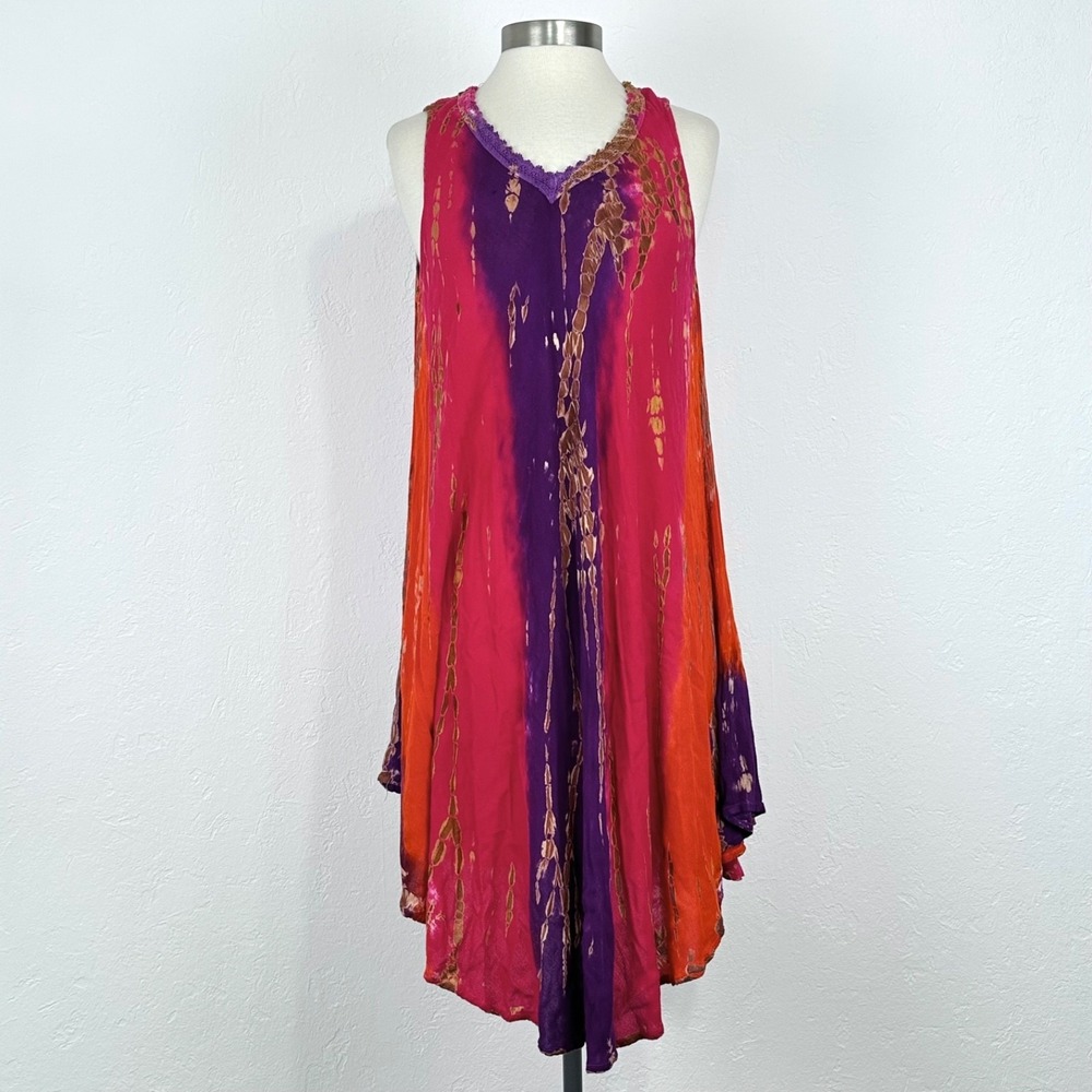 Womens Festival Boho Hippie Tie Dye Midi Dress Sz Large Flowy Asymmetrical